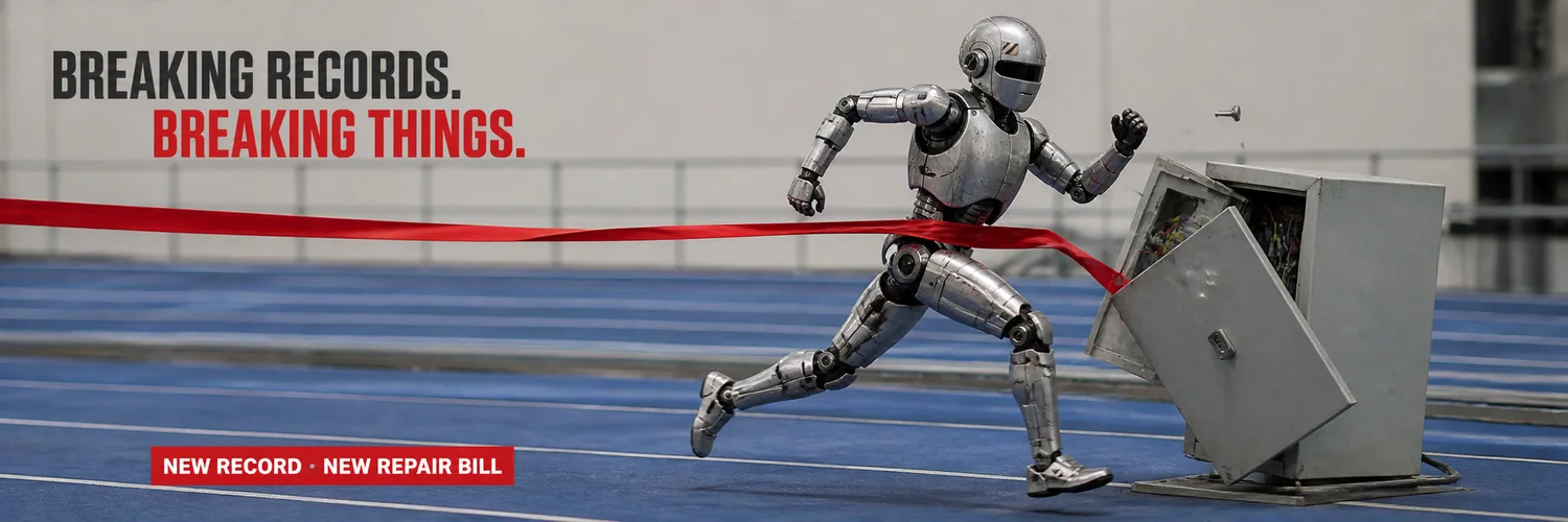 The BREAKING robot runs through a stadium as an electrical box opens behind it.