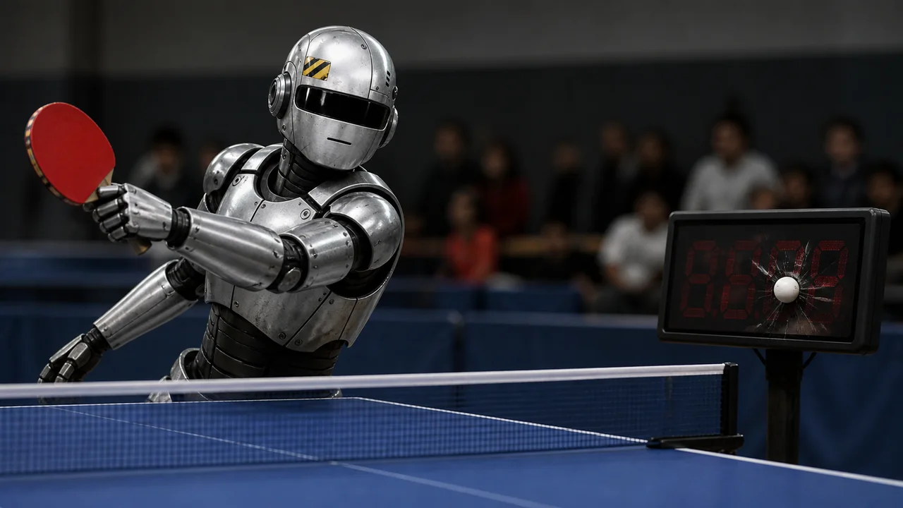 A robot's table-tennis smash leaves the ball embedded in the scoreboard.