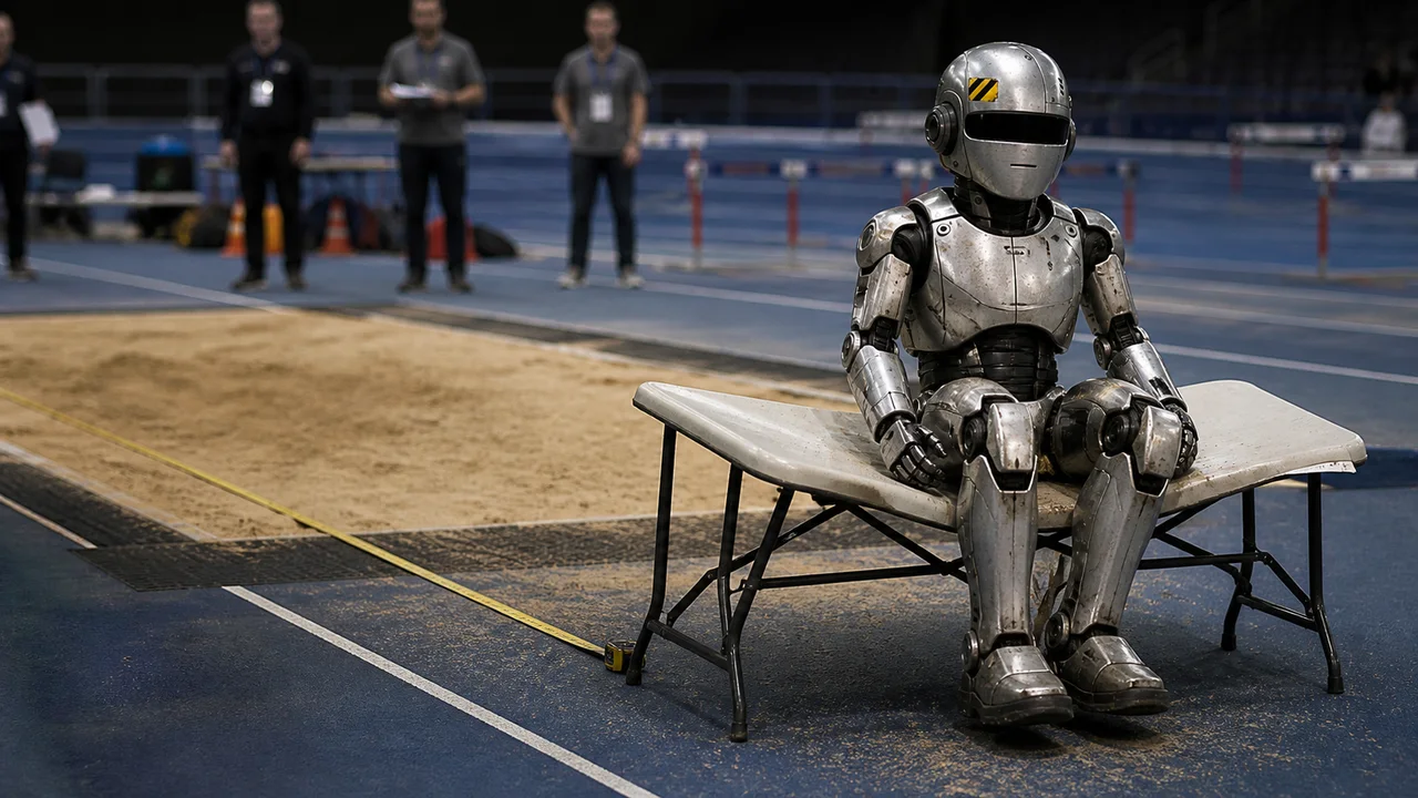 A robot overshoots the long-jump sandpit and lands on the officials' table.