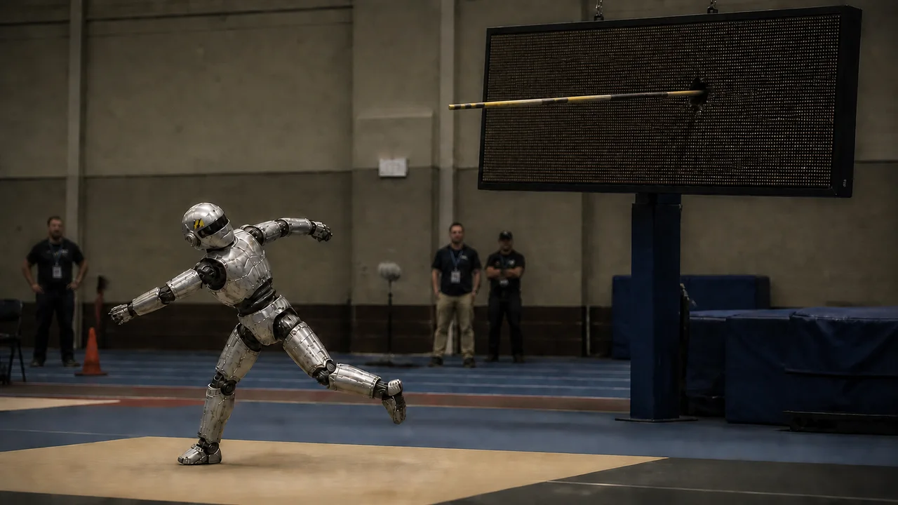 A robot finishes a javelin throw while the javelin remains embedded in the scoreboard.