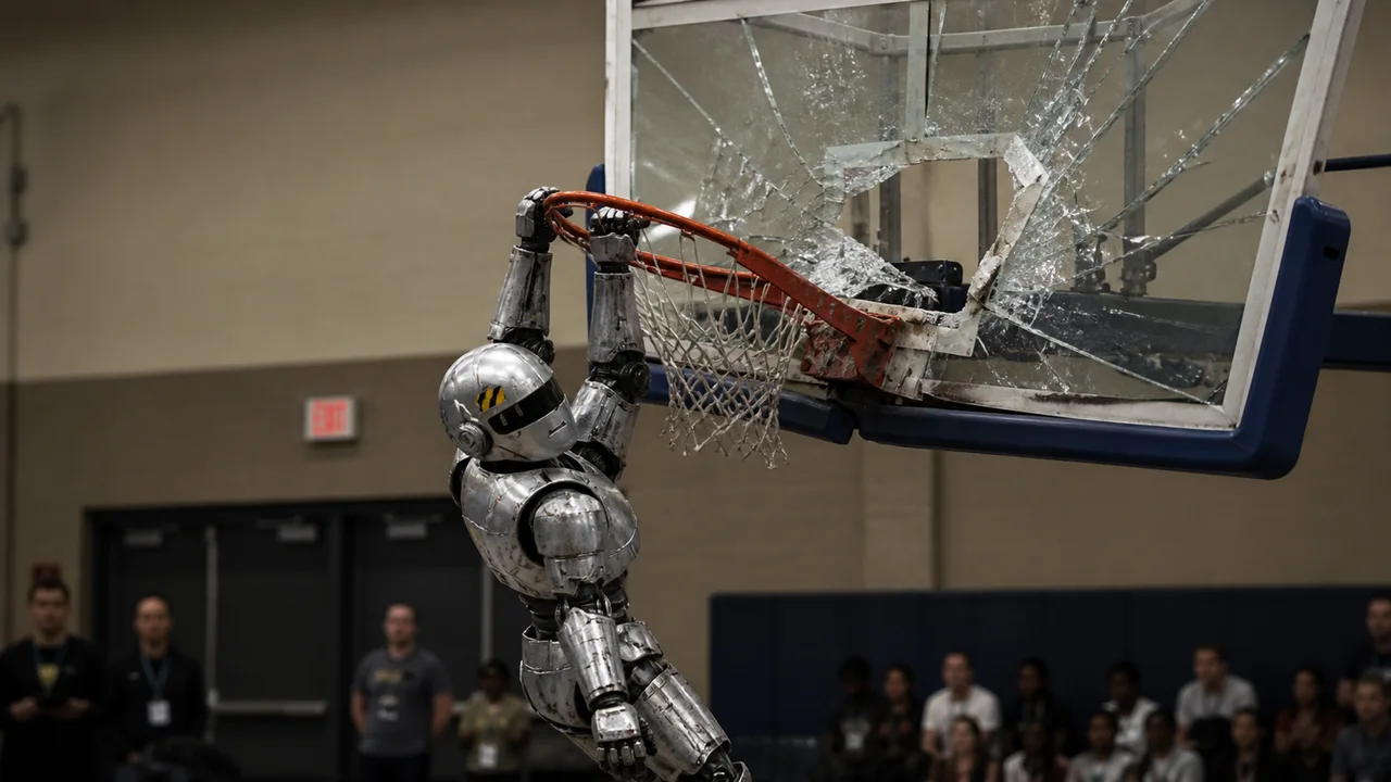A robot hangs from a bent basketball rim after shattering the backboard.