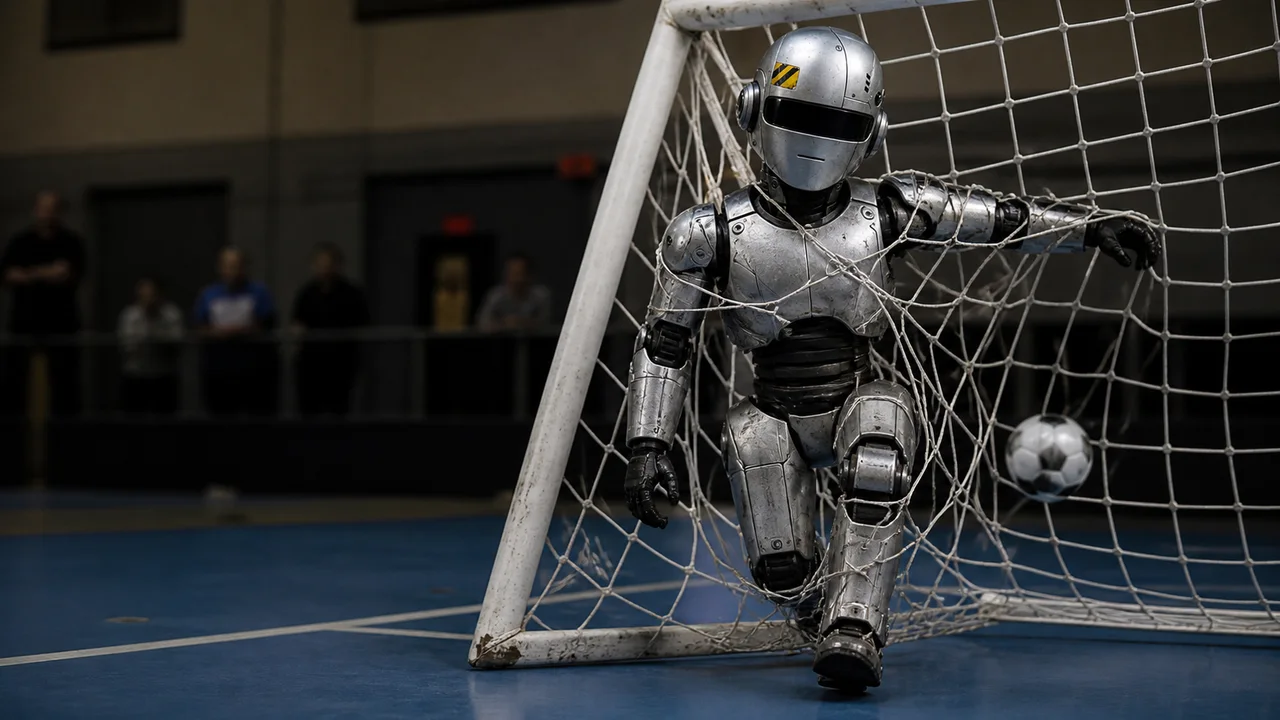 A robot scores a goal and becomes caught upright in the net.