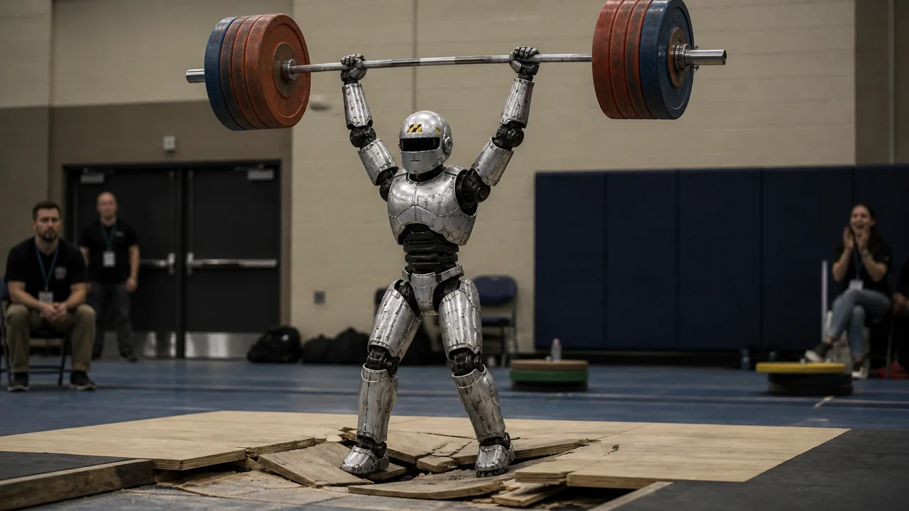 A robot holds a barbell overhead while the lifting platform collapses under its feet.