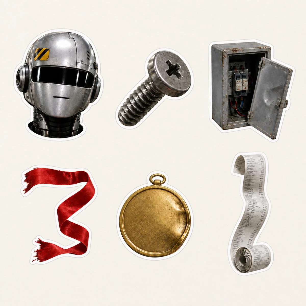 A sticker board with the robot head, a screw, control box, ribbon, medal and receipt.