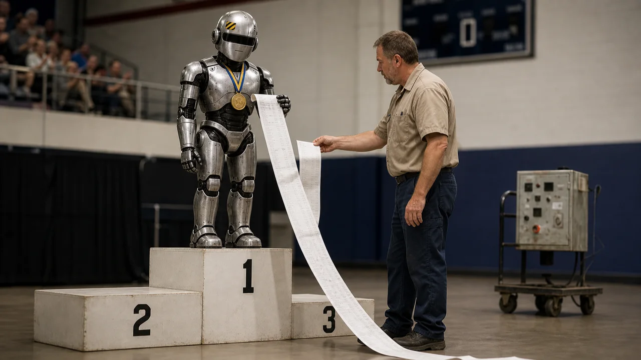 A gold-medal robot receives an absurdly long repair bill on the podium.